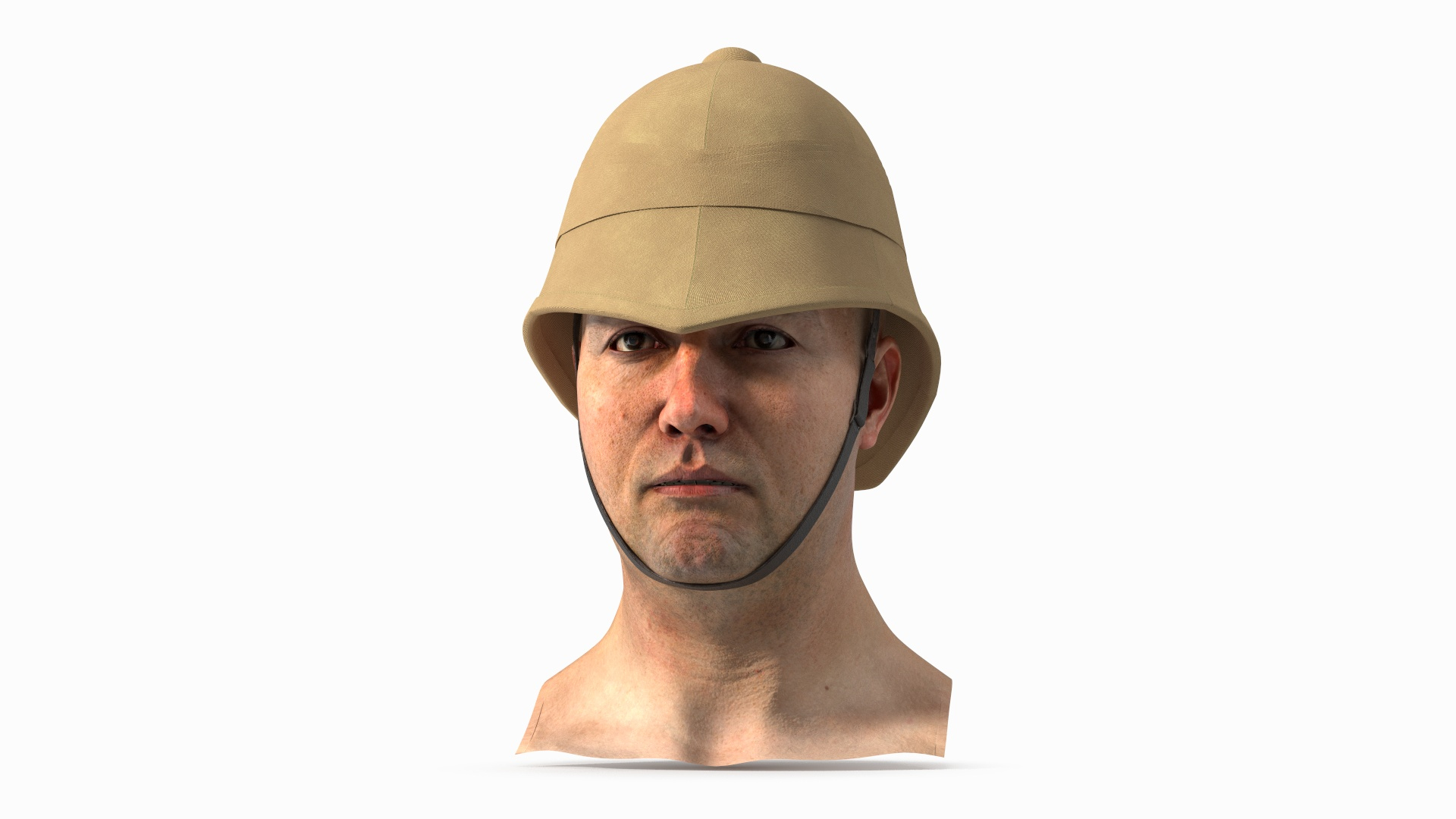 Beige Pith Helmet on Male Head 3D model https://p.turbosquid.com/ts-thumb/H9/Ze1OYL/Oi/beige_pith_helmet_on_male_head_360/jpg/1750133023/1920x1080/turn_fit_q99/4b216e4da32d94722a0a4a62025fb196502cd328/beige_pith_helmet_on_male_head_360-1.jpg