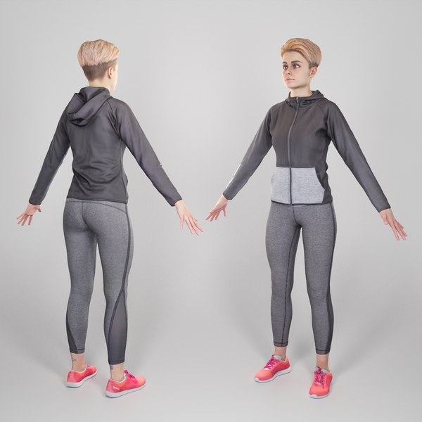 3D Beautiful young woman in gray sportwear in A-pose 315 model