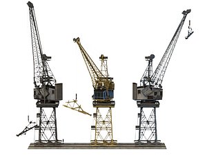 Three Weathered Port Dock Cranes On Shared Rail Base