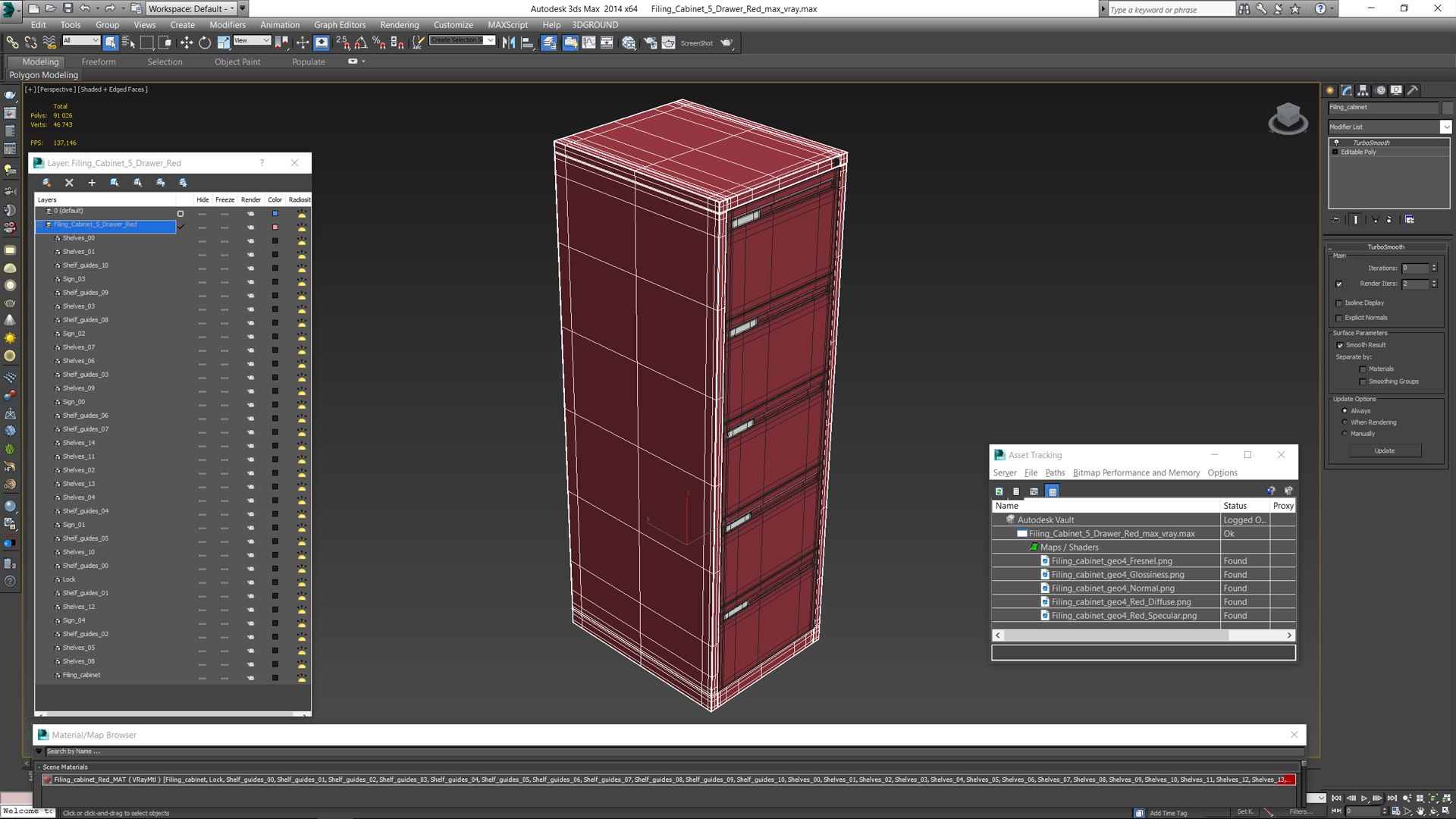 Filing Cabinet 5 Drawer Red 3D - TurboSquid 2223776