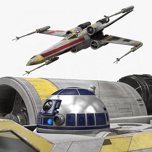 Starfighter X-Wing with Droid R2-D2 Rigged 3D