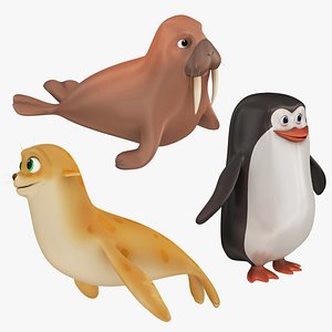 3D Cartoon Penguin Walrus and Monk Seal Collection