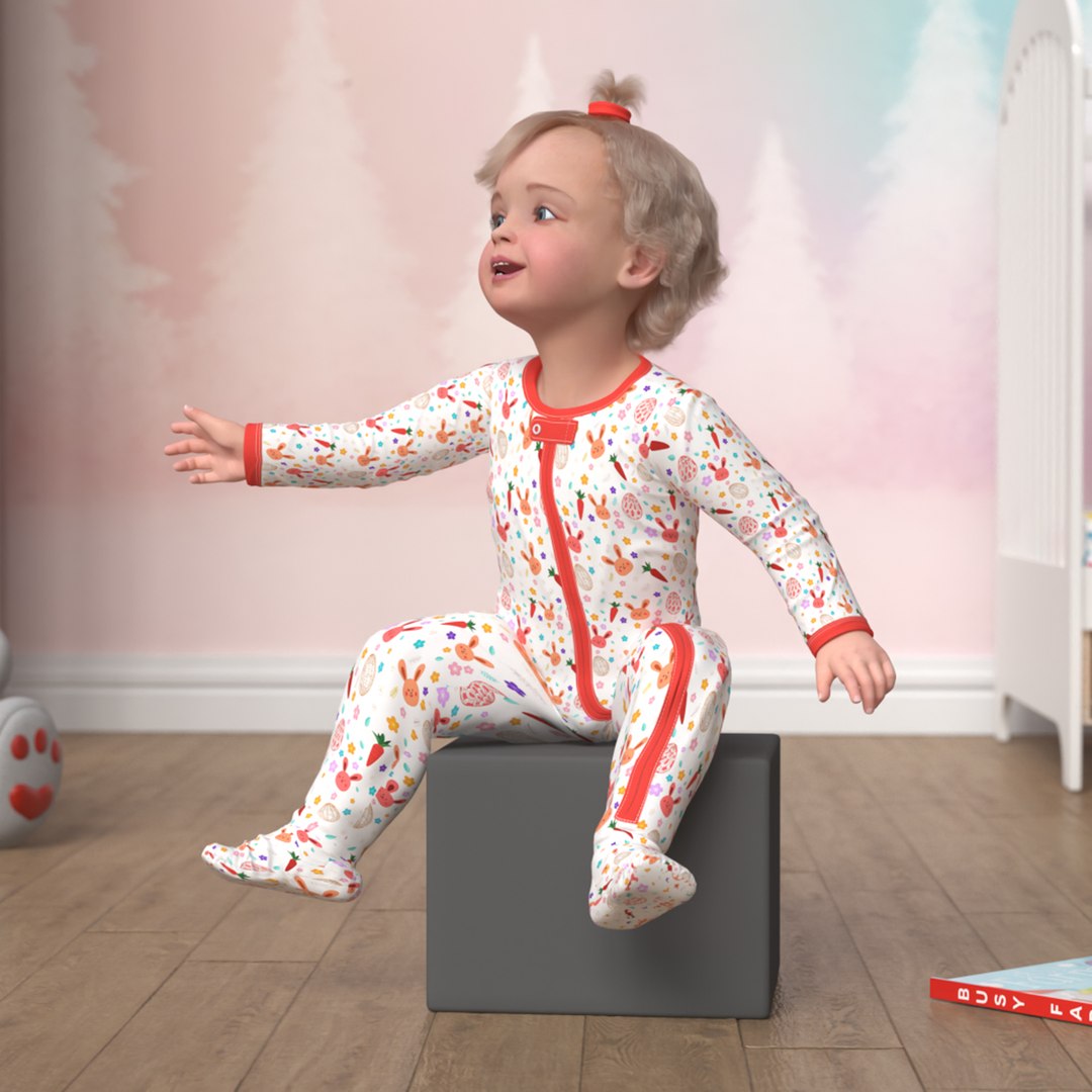 Baby Girl Wearing Full Bodysuit Sitting Fur 3D model preview