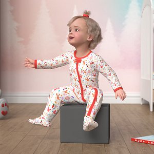 3D Baby Girl Wearing Full Bodysuit Sitting Fur