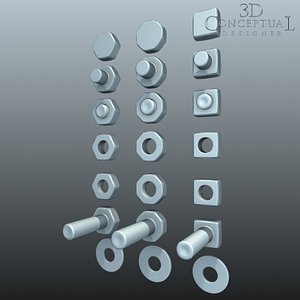 3d hardware nuts bolts washers model