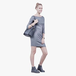 3D Woman in Grey Dress with Handbag on Shoulder Remastered model