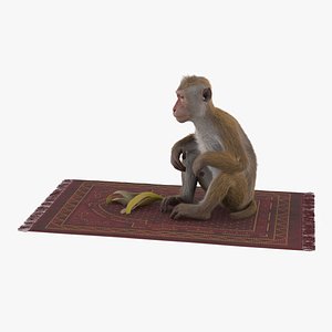 3D Monkey with Banana on Ancient Style Persian Rug Red Fur