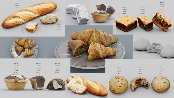 3D model Baguette Moji Cheese Buns Toffee Cake Croissant Chocolate Tart 3D Model Collection