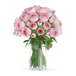 3d bouquet pink roses glass vase