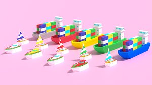 Cartoon Container Ship Yacht Sail Boat 3D model