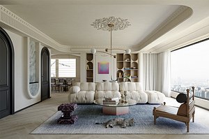 3D Classic luxury living room  dining room and kitchen