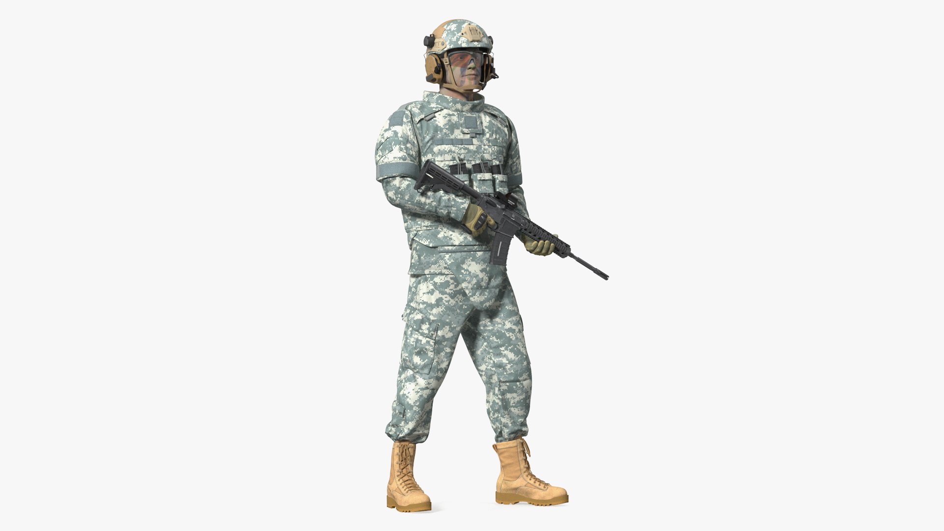 Soldier in Grey Tactical Gear with Rifle Standing 3D model preview