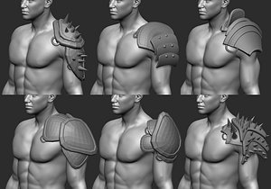 20 Low-poly medieval fantasy shoulder armor base mesh IMM brush set for Zbrush FBX and OBJ files