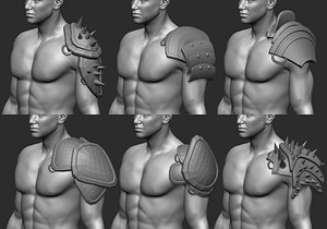 20 Low-poly medieval fantasy shoulder armor base mesh IMM brush set for Zbrush FBX and OBJ files