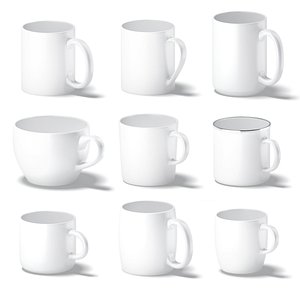 3D 10 Ceramic Mugs Shapes - white mugs various forms and sizes