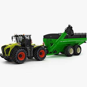 Claas Xerion 5000 Farm Tractor and Brent 1596 Dual Auger Grain Cart Trailer