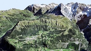 Mountain landscape and city Grindelwald Switzerland 3D