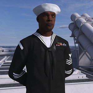 Afro American Sailor in Black Uniform Rigged 3D