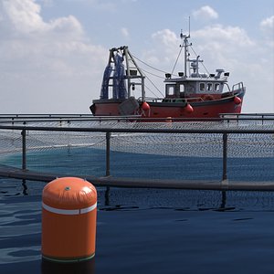3D Marine Aquaculture Net Cages with Support Vessel
