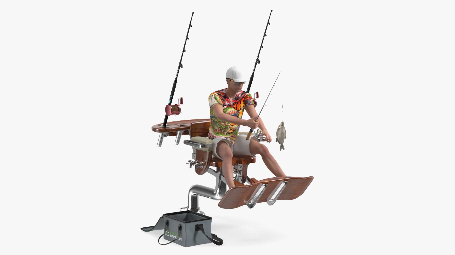 Man in Fishing Chair Catches Fish 3D model preview