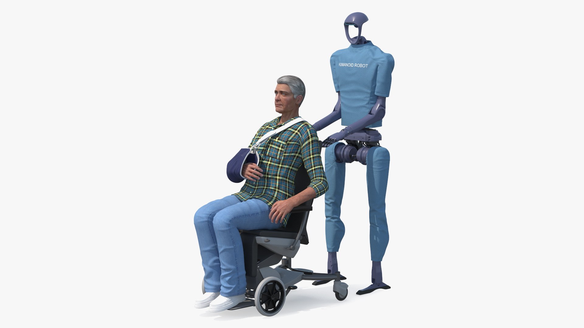 Elderly Man in Wheelchair with Humanoid Robot Assistant