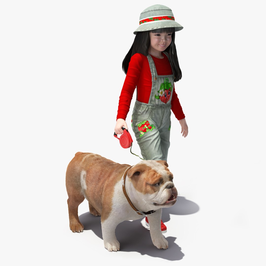 Girl Walks with a Bulldog Fur 3D model preview