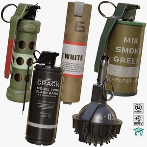 Smoke and Flash Grenades Single Mat All PBR Unity UE Textures 3D model
