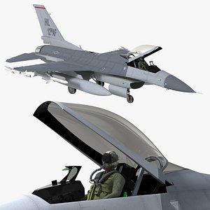 Fighter F-16 with Pilot and Missile Launcher LAU-129 Rigged