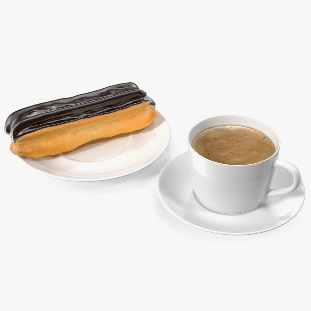 Eclair in Chocolate Glaze with Coffee Cup 3D model preview