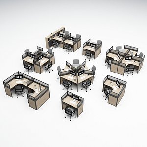 3D Office furniture combination Office desks and chairs Office card slots Computer monitors model