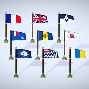 Antarctic Countries Flags Pack Toon Style Low Poly Antarctica Region