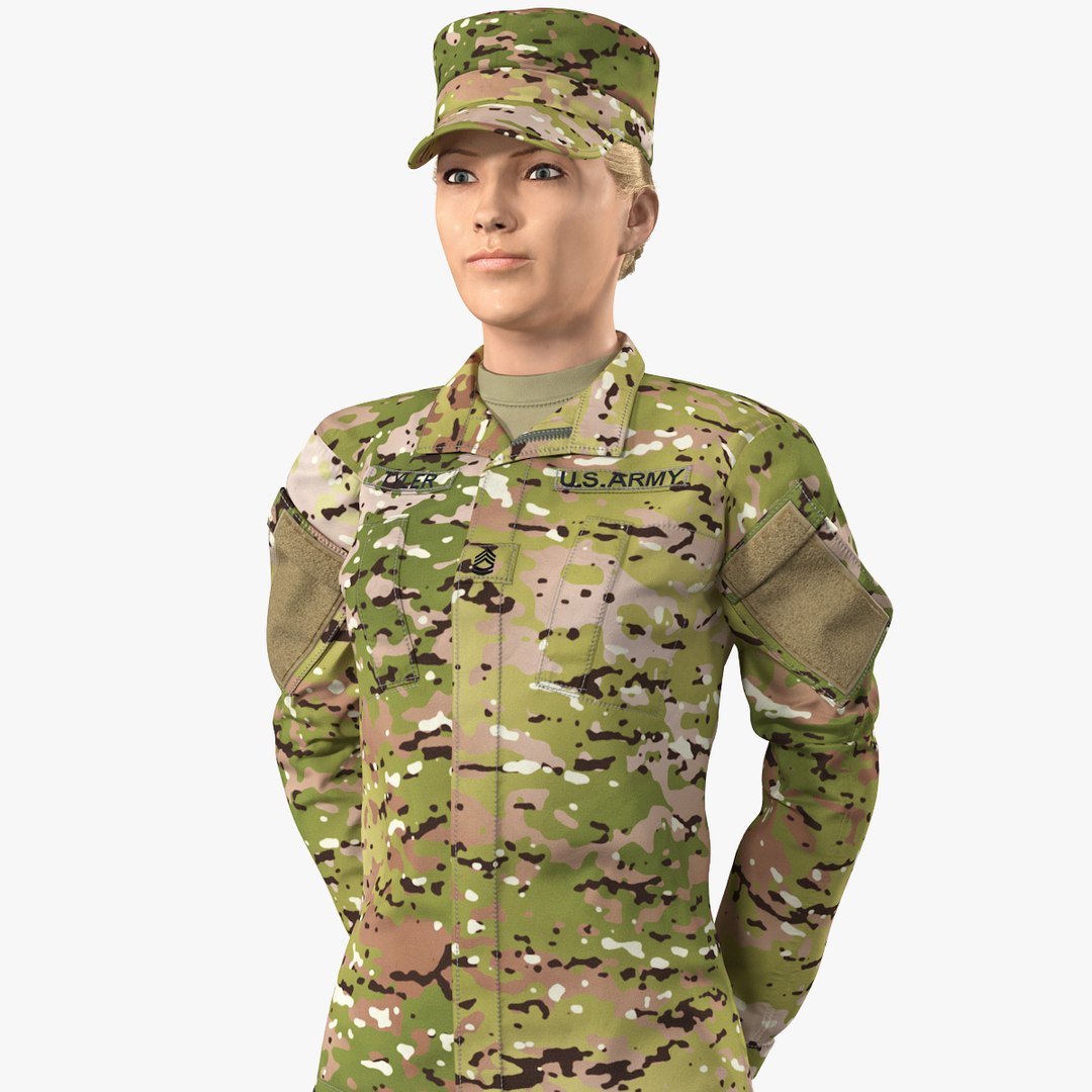 Female Soldier Camo Standing Pose Fur 3D model preview