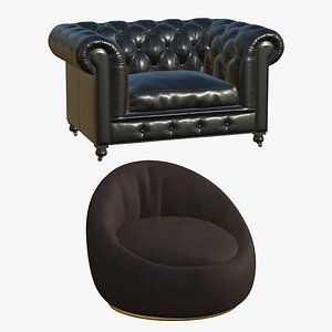 3D Chesterfield Black Realistic Leather Sofa