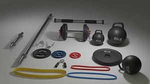 Gym Equipment Set   Dumbbells Weight Plates Bars Resistance Bands  Kettlebells and Door Bar 3D model