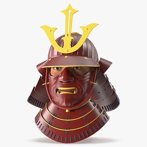 Armored Samurai Head with Kabuto and Menpo Red