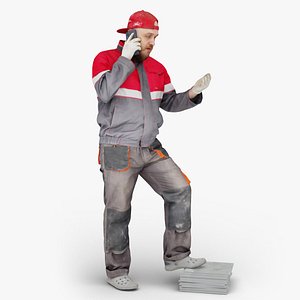 Bald Worker in Overalls Talking