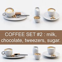 Coffee set #2: cup, chocolate, sugar, milk (high poly models, ready for you coffeetable)