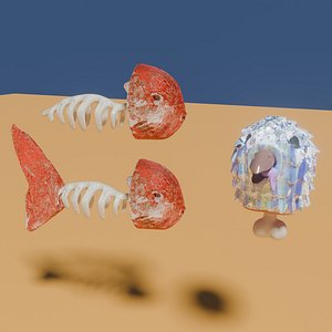 Dead fish with bones and a bird head