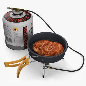 Camping Frying Pan with Steak on Gas Burner
