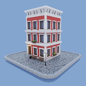 Cartoon Brick house with three floors Low-poly 3D model