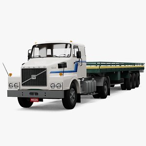 3D model 1980 Volvo N1020 with 3-Axle Flatbed Trailer