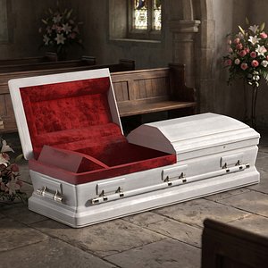 Open Wooden Coffin with Burgundy Lining White