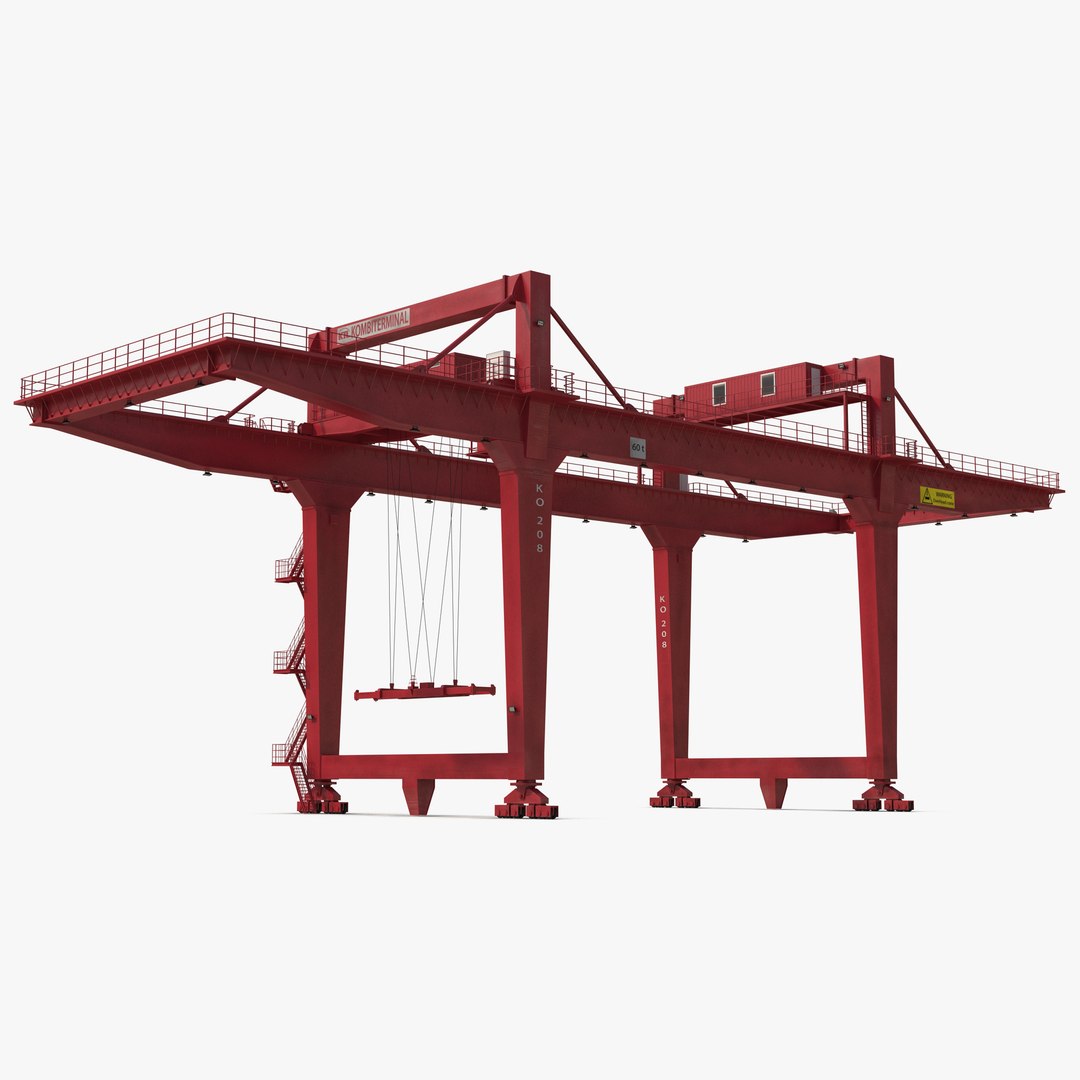 Rail Mounted Gantry Container Crane Rigged Red 3D model preview