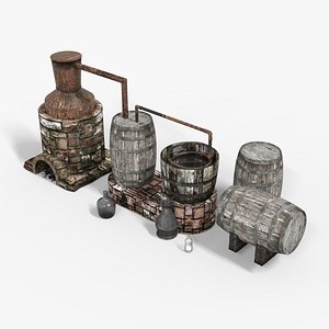 Medieval moonshine still low-poly 3d model