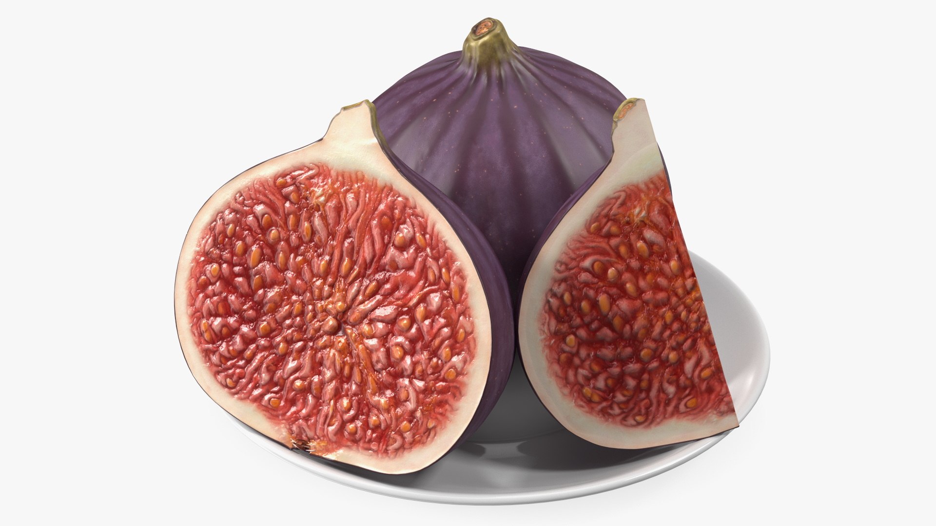 Fresh Riped Fig Whole Quarter and Half on Saucer 3D model preview