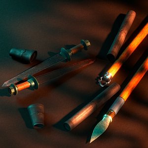 3D Low Poly Medieval Weapon Sword and Spear with Scabbard