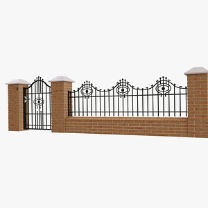 3D Decorative wrought iron fence with brick posts and a gate