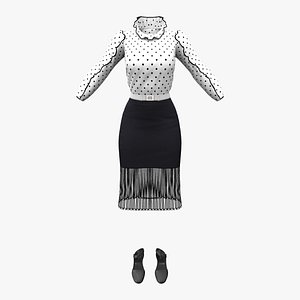 3D Frill Edge Retro Top Pencil Skirt Shoes Outfit
