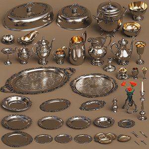 Lowpoly Silver holloware service set (44 items)