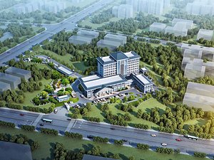 3D Civic Center Campus Exterior - Pitched-Roof Halls with Plaza and Parking Courts
